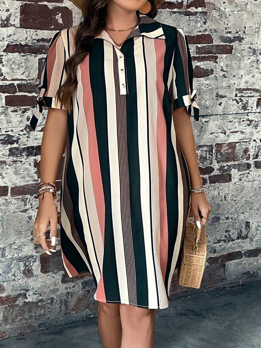 SHEIN LUNE Đầm Plus Size Nút Thắt nút Nút phía trước Sọc Giải trí - Nhiều màu - Xem 1