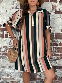 SHEIN LUNE Đầm Plus Size Nút Thắt nút Nút phía trước Sọc Giải trí - Nhiều màu - Xem 6