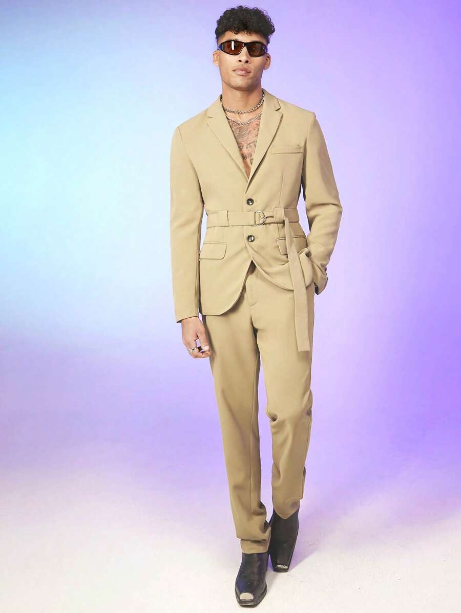 Manfinity RebelGame 男士西裝領腰帶西裝外套和西裝褲套裝 - 卡其色 - 查看 1