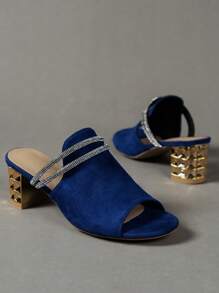 Glamorous Blue Sandals For Women, Rhinestone Decor Chunky Heeled Faux Suede Mule Sandals