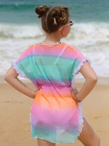 Tween Girl漸層色荷葉邊連帽打結前蓋衣 - 彩色 - 查看 2