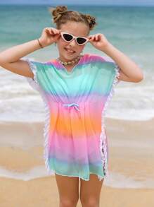 Tween Girl漸層色荷葉邊連帽打結前蓋衣 - 彩色 - 查看 5