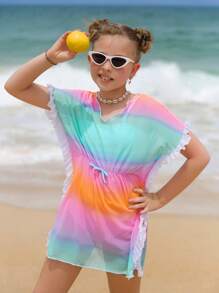 Tween Girl漸層色荷葉邊連帽打結前蓋衣 - 彩色 - 查看 7