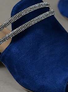 Glamorous Blue Sandals For Women, Rhinestone Decor Chunky Heeled Faux Suede Mule Sandals