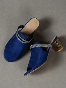 Glamorous Blue Sandals For Women, Rhinestone Decor Chunky Heeled Faux Suede Mule Sandals
