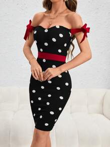 Firerie 女式时尚性感露肩圆点印花连衣裙 - 黑色 - 查看 4
