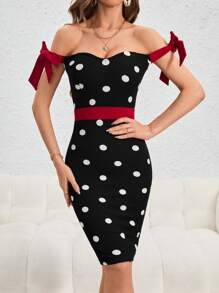 Firerie 女式时尚性感露肩圆点印花连衣裙 - 黑色 - 查看 6