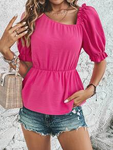 SHEIN Frenchy Asymmetrical Neck Puff Sleeve Peplum Blouse - Hot Pink - View 4