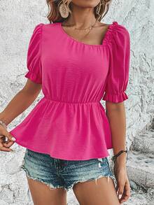 SHEIN Frenchy Asymmetrical Neck Puff Sleeve Peplum Blouse - Hot Pink - View 6