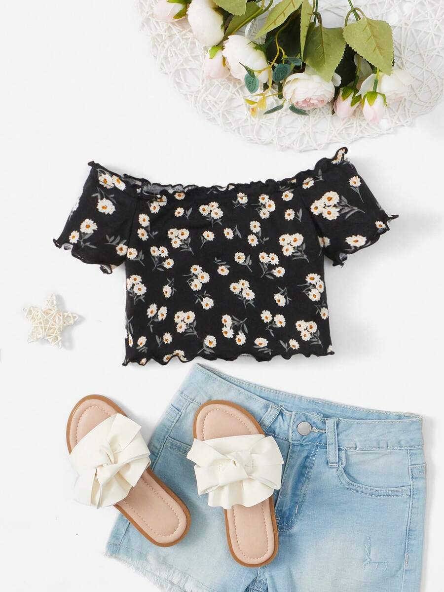 SHEIN 小女童碎花一字肩木耳邊T恤 - 彩色 - 查看 1