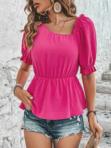 SHEIN Frenchy Asymmetrical Neck Puff Sleeve Peplum Blouse - Hot Pink - View 1