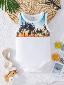 Baby Boy Summer Holiday Casual Tropical Pattern Patchwork Sleeveless Bodysuit - White - View 1
