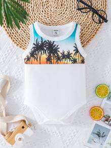 Baby Boy Summer Holiday Casual Tropical Pattern Patchwork Sleeveless Bodysuit - White - View 3
