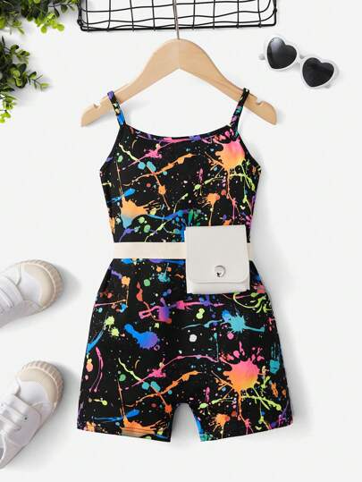 SHEIN Leap Crew Tween Girl Splash Ink Print Cami Romper Without Belt Bag