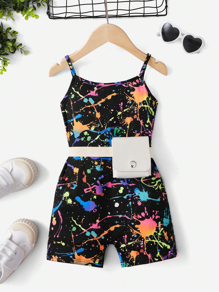 SHEIN Leap Crew Tween Girl Splash Ink Print Cami Romper Without Belt Bag