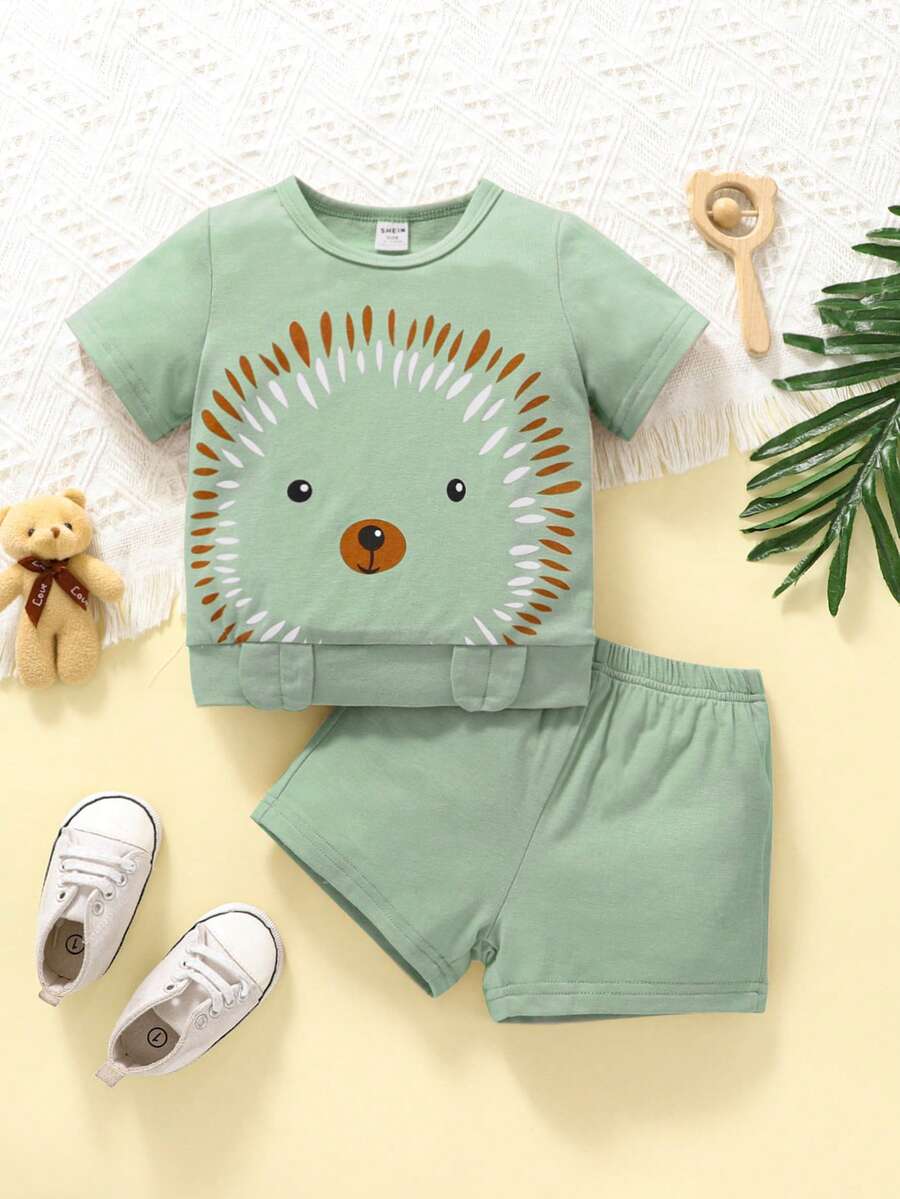 Baby Boy Cartoon Graphic Tee & Shorts Set - Green - View 1