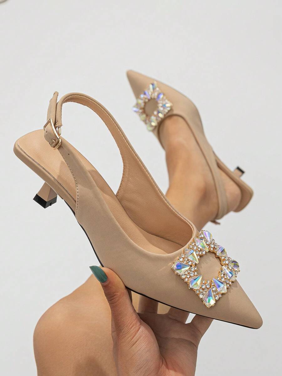 Glamorous Pumps For Women, Rhinestone Decor Point Toe Pyramid Heeled Slingback Pumps - Apricot - View 1