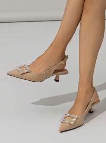 Glamorous Pumps For Women, Rhinestone Decor Point Toe Pyramid Heeled Slingback Pumps - Apricot - View 2