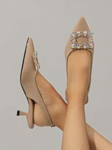 Glamorous Pumps For Women, Rhinestone Decor Point Toe Pyramid Heeled Slingback Pumps - Apricot - View 3