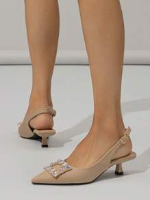 Glamorous Pumps For Women, Rhinestone Decor Point Toe Pyramid Heeled Slingback Pumps - Apricot - View 5