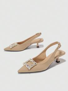 Glamorous Pumps For Women, Rhinestone Decor Point Toe Pyramid Heeled Slingback Pumps - Apricot - View 6