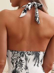 SHEIN Swim Bañador una pieza con estampado tropical halter - Multicolor - Ver 4
