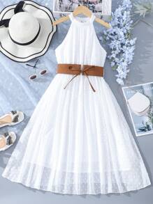 SHEIN 休閒撞色女童洋裝網拼接 - 白色 - 查看 1