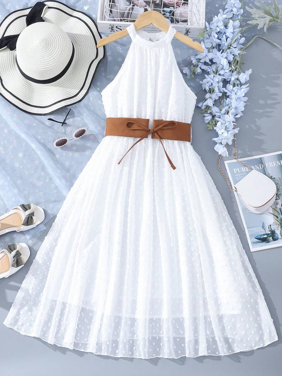 SHEIN 休閒撞色女童洋裝網拼接 - 白色 - 查看 1