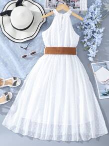 SHEIN 休閒撞色女童洋裝網拼接 - 白色 - 查看 2