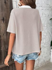 SHEIN Frenchy Áo thun nữ Tương phản ren Khối Màu Giải trí - Xám - Xem 2