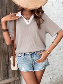 SHEIN Frenchy Áo thun nữ Tương phản ren Khối Màu Giải trí - Xám - Xem 3