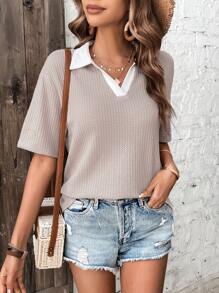 SHEIN Frenchy Áo thun nữ Tương phản ren Khối Màu Giải trí - Xám - Xem 4