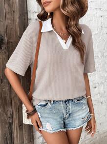 SHEIN Frenchy Áo thun nữ Tương phản ren Khối Màu Giải trí - Xám - Xem 5