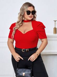 SHEIN Privé Plus Choker Neck Puff Sleeve Tee - Red - View 5
