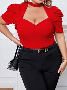 SHEIN Privé Plus Choker Neck Puff Sleeve Tee - Red - View 2