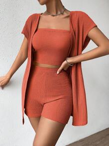SHEIN Essnce Bộ đồ hai mảnh nữ màu trơn Giải trí - Màu Cam cháy - Xem 1