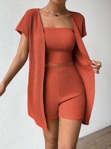 SHEIN Essnce Bộ đồ hai mảnh nữ màu trơn Giải trí - Màu Cam cháy - Xem 3