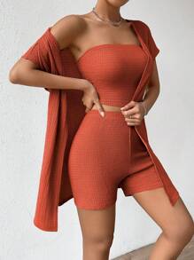 SHEIN Essnce Bộ đồ hai mảnh nữ màu trơn Giải trí - Màu Cam cháy - Xem 4