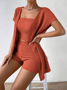 SHEIN Essnce Bộ đồ hai mảnh nữ màu trơn Giải trí - Màu Cam cháy - Xem 5