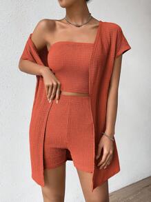 SHEIN Essnce Bộ đồ hai mảnh nữ màu trơn Giải trí - Màu Cam cháy - Xem 6