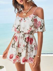 SHEIN VCAY Floral Print Cold Shoulder Romper - Multicolor - View 1