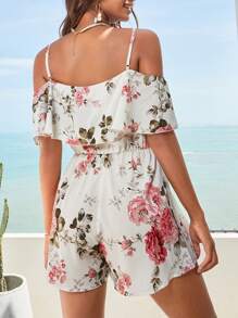 SHEIN VCAY Floral Print Cold Shoulder Romper - Multicolor - View 2
