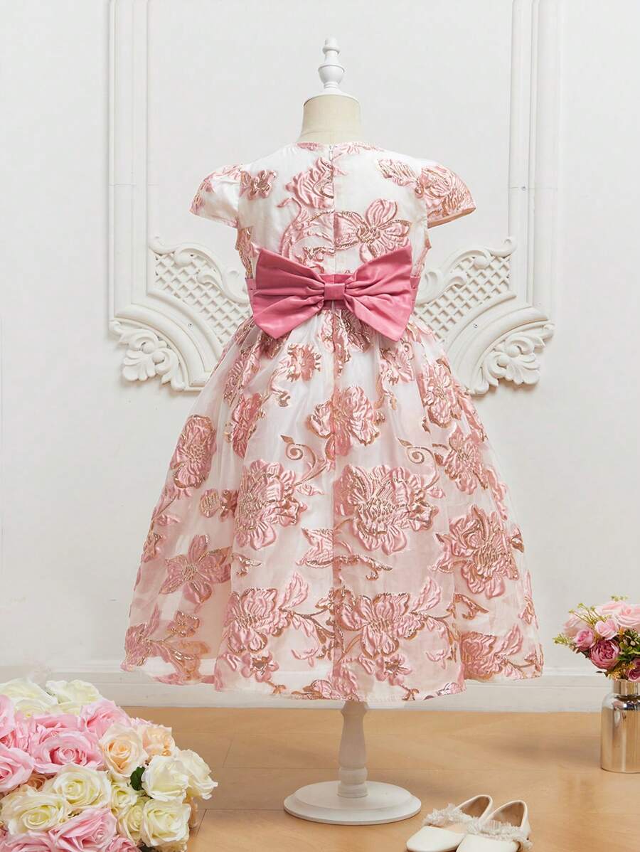 SHEIN 小女童1入組花卉圖案提花後綁帶蝴蝶結泡泡袖連衣裙 - 彩色 - 查看 1