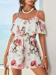 SHEIN VCAY Floral Print Cold Shoulder Romper - Multicolor - View 3