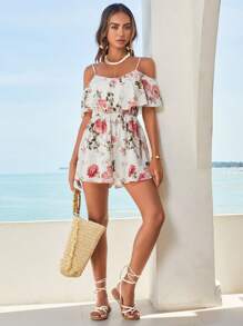 SHEIN VCAY Floral Print Cold Shoulder Romper - Multicolor - View 6