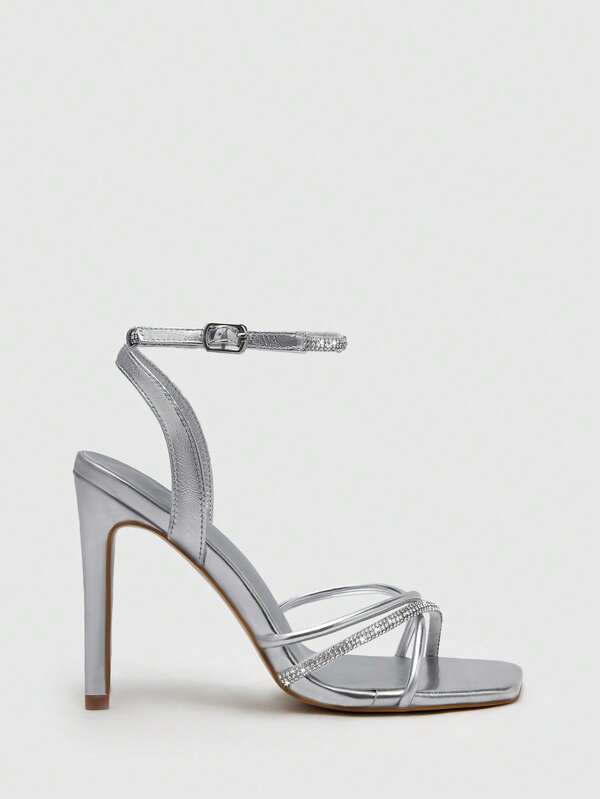 Party Collection Glamorous Silver Ankle Strap Sandals For Women, Rhinestone Decor Stiletto