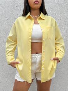SHEIN CURVE+ Plus Size Solid Color Drop Shoulder Sleeve Shirt - Yellow - View 4