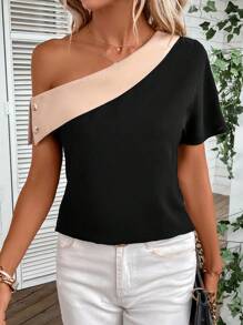 SHEIN Privé 雙色不對稱領紐扣細節襯衫 - 黑色 - 查看 1