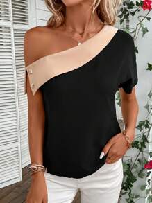 SHEIN Privé 雙色不對稱領紐扣細節襯衫 - 黑色 - 查看 3