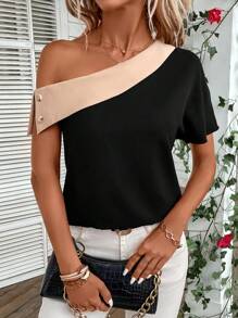 SHEIN Privé 雙色不對稱領紐扣細節襯衫 - 黑色 - 查看 4